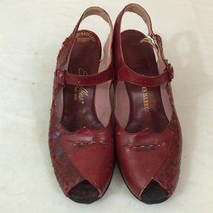 Vintage 1940s Peep Toe Snakeskin and Leather Skuffies Foot Saver Red Women's 7.5